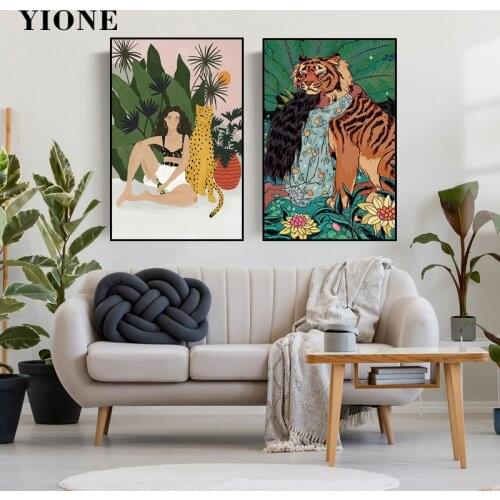 Woman and Leopard Tiger Canvas Painting Tropical Plants Jungle Figure Animal BF Wall Poster BOHO Decoration Art Prints Picture