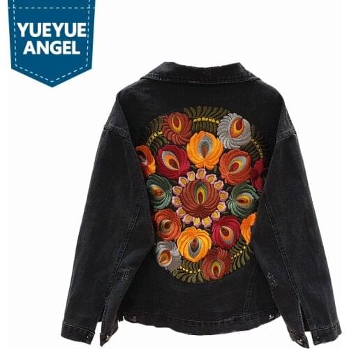 Women Boyfriend Denim Jacket Streetwear Embroidery Flower Loose Fit Jean Jackets Single Breasted Hip Hop Black Outwear Female