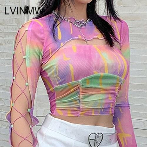 LVINMW Sexy Round Neck Ruffles Long Sleeve Lace Up T Shirt Transparent Multicolor Camis 2020 Summer Women Hollow Out Streetwear