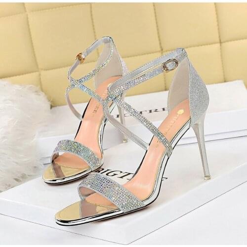 2021 Summer Sexy Women 9.5cm High Heels Crystal Sandals Designer Sparkly Silver Gold Heels Open Toe Sandals Ladies Wedding Shoes