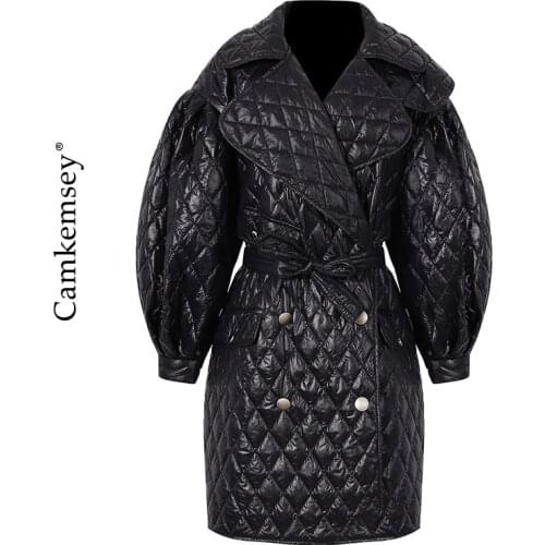 New Winter Big Size Black Coats Women Autumn Tide Lapel Puff Sleeve Cotton Padded Double Breasted Long Trench Coats