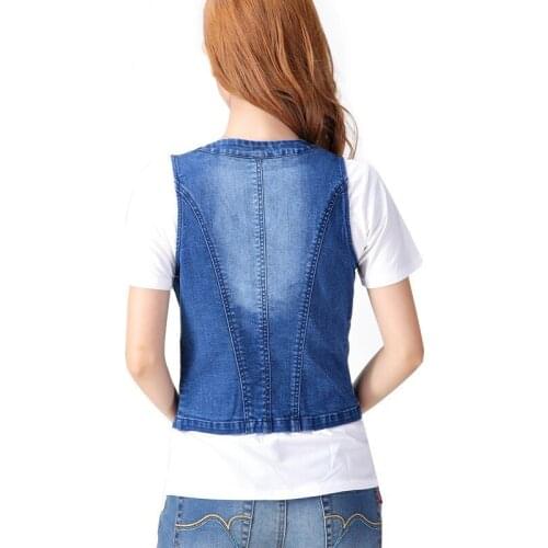 Summer Women Short Slim Fit Denim Vest Plus Size V Neck Casual Sleeveless Waistcoat Lady Single Breasted Jean Vests Outwear Tops