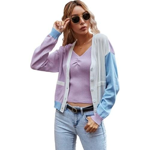 Autumn New Women Knitted Cardigan Sweater Fashion V-Neck Long Sleeve Single Button Contrast Color Sweater Coat Female