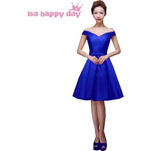 Cheap royal girl blue v neck prom party women satin dress girl 2020 new arrival elegant summer dresses short style H2644