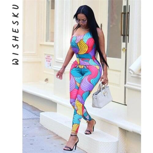 Women One Shoulder Sleeveless Bodysuits Print Two Piece Set High Waist Pencil Pants Outfits 2021Autumn Kawaii Club Party Clothes