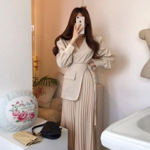 SuperAen Solid Simple V-neck Side Buckle Waist Slim Medium Long Patchwork Full Pleated Woman Dress