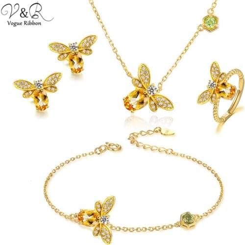 2020 New Arrival Imitation Cute Zircon Honey Bee Stud Earring/ Pendant Necklace/ Charm Bracelet/ Ring Wedding Set