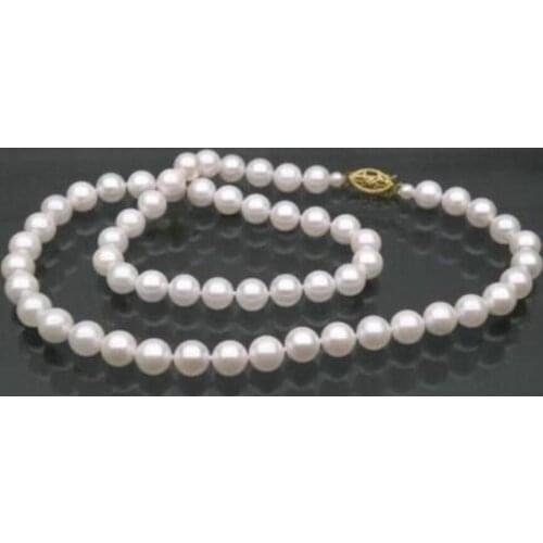 Free shipping >>>>noble jewelry GORGEOUS 7-7.5mm AAA+ round white akoya pearl necklace 14K yellow gold 18"