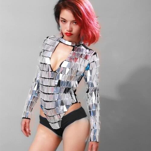 Shiny Mirror Reflective Lens High Fork Long Sleeve Deep V-neck Jumpsuit Gogo Costumes Bar Female DS Performance Clothing DJ 2020