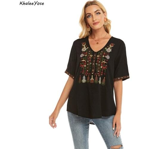 KHALEE YOSE Floral Embroidery Blouse Shirt Black Vintage Summer Mexican Women Shirt Plus Size Oversized 2xl Ethnic Ladies Shirt