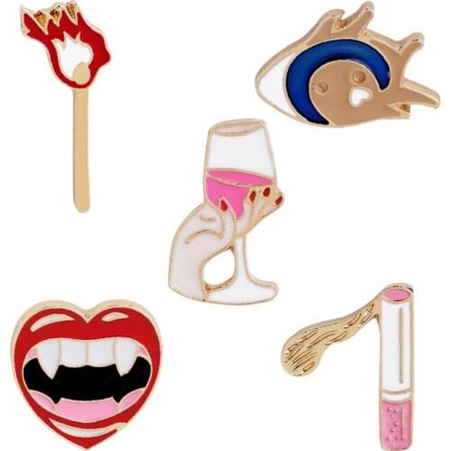 Smoke cigar Pins sexy lip wine liqueur wineglass Brooches Fangs pin colorful enamel Brooch jeans badge pins fire matches pin