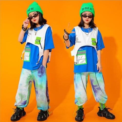 Kids Cool Hip Hop Clothing Blue Tshirt Vest Tops Streetwear Jogger Tie Dye Pants for Girls Boys Jazz Dance Costume Clothes