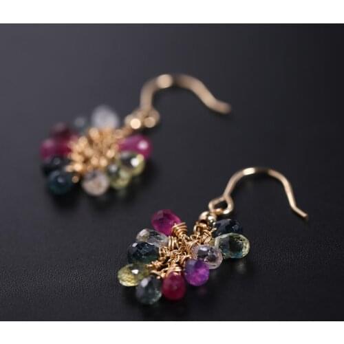 DMBS328 Faceted Color Sapphire Earrings Female Genuine Yellow 14K Gold Filled Handmade Grape String Earrings