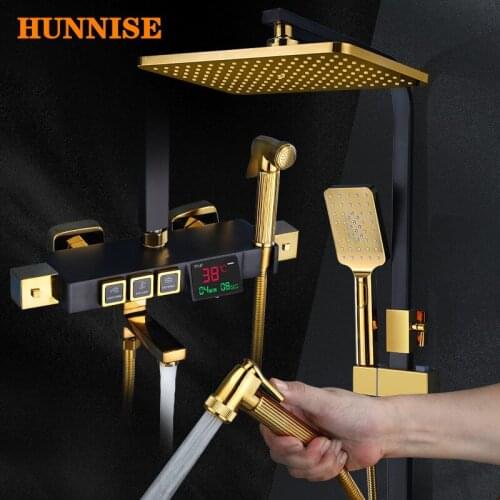 Bathroom Shower Set for Rainfall Waterfall Bathtub Faucet 10 Inch Shower Head Black Gold Thermostatic Shower Set Digital Shower