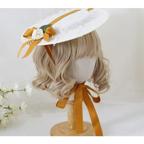 French Lolita Lace Bandge Bow Straw Flat Hat Girl Tea Party Cosplay Sunhat Beach Cap B1783
