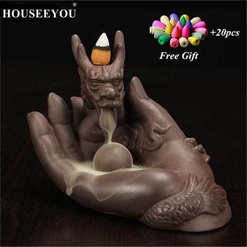 Purple Clay Dragon Backflow Incense Burner Home Decor Waterfall Incense Holder Aroma Censer Fragrance Furnace +20 Incense Cones
