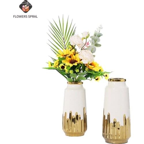 Nordic INS Ceramic Vase White Electroplating Light Luxury Vase Living Room Decoration Simple Creative Home Decoration Craft Gift