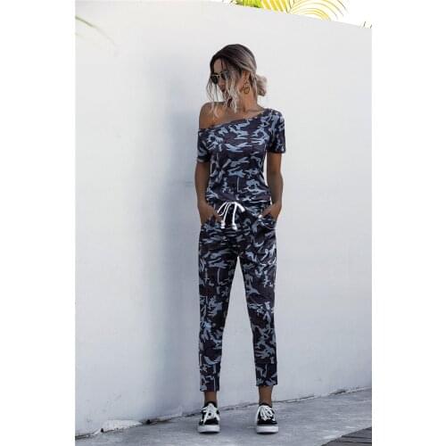 Summer Sexy Womens Casual Off Shoulder Camouflage Jumpsuits Ladies Drawstring High Waist Short Sleeve Jumpsuit Romper Trousers