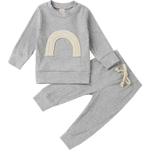 New Spring Fall Infant Clothing Newborn Infant Boy Girls Rainbow Print T-shirts+Pants Leggings Ribbed Knitted Tracksuits Outfits