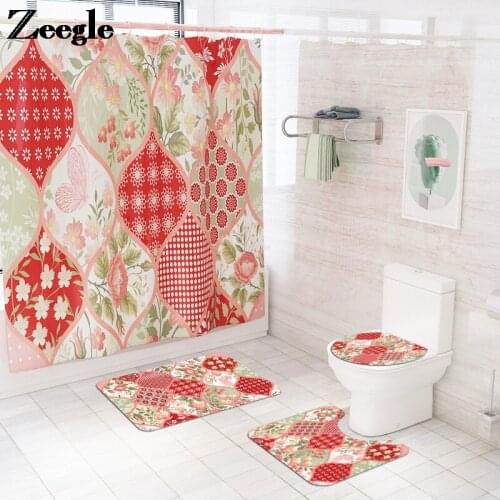 Traditional Style Bath Mat and Waterproof Shower Curtain Set Bathroom Carpet Rug Home Decor Toilet Mat Non-slip Floor Carpet Set
