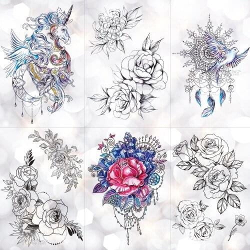 Lace Dream Catcher Unicorn Waterproof Temporary Tattoo Sticker Diamond Crystal Rose Tattoos Body Art Arm Hand Women Fake Tatoo