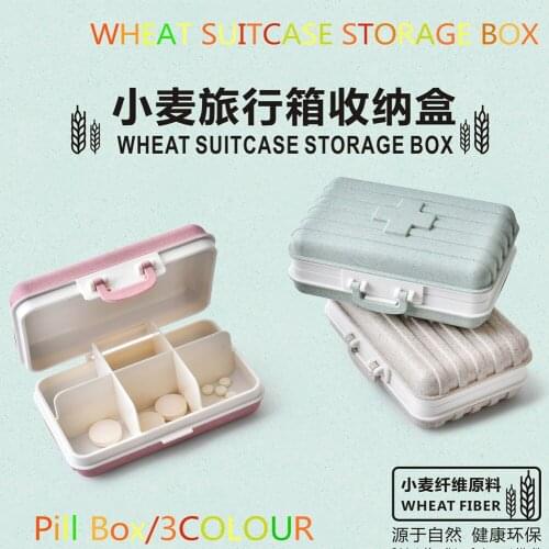 Suitcase Shape Wheat Medical Kit Portable 6 Cells Medicine Storage Box Luggage Portable Medicine Box Sundries Container