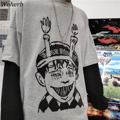 Woherb Harajuku Japanese Junji Ito Anime Print Women Man T-Shirt Fake 2 Piece O-Neck Long Sleeve Casual Loose Streetwear T-shirt