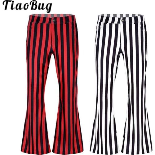 TiaoBug Men 70s Retro Vintage Mid Waist Striped Stretchy Bell Bottom Ballroom Dance Trousers Super Flares Long Pants Costumes