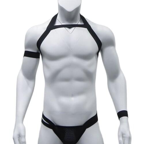 Body Chest Mens Harness Belt Lingerie Thongs Set Sexy Elastic Shoulder Bondage Strap G-string Performance Costume With Arm Band
