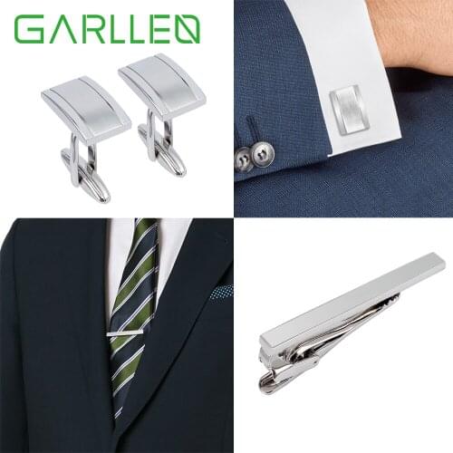 GARLLEN Mens Silver Tie Clip and Cufflink Set Temperament Adding Suitable For Casual and Formal Occasion Wedding Dinner Party