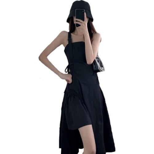 2021 New Summer Sling Dresses Female French Waist Slim Black Sexy Vintage Hedging Dresses Lady Mid-Length Sling Dress Women