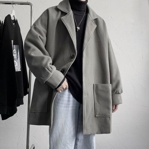 Autumn and winter new Korean style loose mid-length woolen coat mens fashion trend solid color wild woolen coat jacket