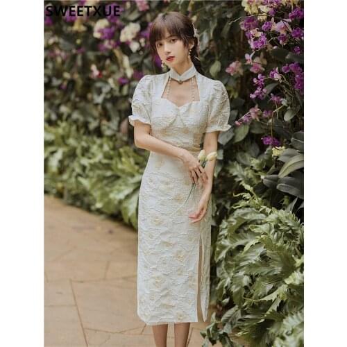 SWEETXUE Sexy Hollow Embossed Flower Beaded Cheongsam Puff Sleeve Split Dress Summer Elegant Womens Fashion Chic Female Vestido
