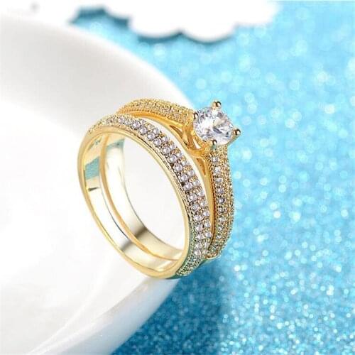 Rulalei Couple Rings Deluxe Jewelry 925 Sterling Silver&Rose Gold Fill Round Cut White 5A Zircon Pave CZ Wedding Bridal Ring Set