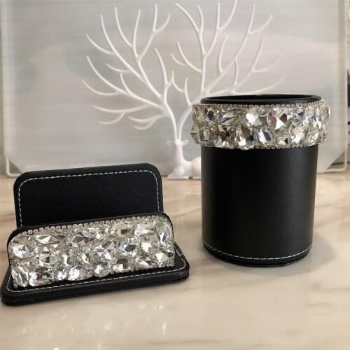 Rhinestone Leather Desktop Organizer Makeup Storage Box Pen Holder Business Card Holder Desktop Office Accessories Stationery