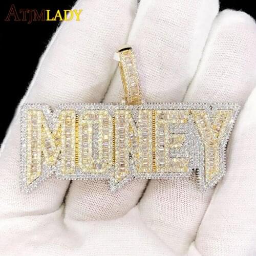 Iced Out Bling 5A CZ Paved Hip Hop Gold Color Letter Money Pendant With Long Twist Rope Chain Statement Necklace For Woman Men