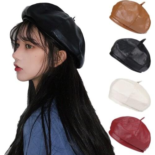 Vintage PU Leather Beret Hats for Women Flat Cap Fashion PU Leather Solid Color Beret Hat Autumn and Winter Octagonal Caps