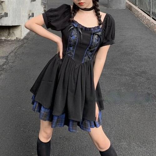 Japanese Vintage Victorian Gothic Lolita Dress Puff Sleeve Plaid Patchwork Cool Girls Punk Party Dress Girls Bandage Mini Dress