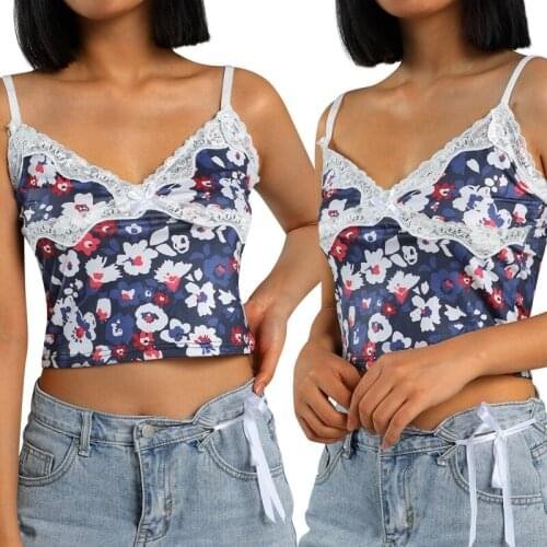 Ladies Summer Midriff-baring Camisole, Girls Zebra Print/Floral/Stripe Printing V-neck Lace Edge Sleeveless Top Slim Base Shirt