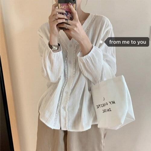 Women Sexy V Collar White Shirt Lantern Sleeve Gothic Solid Color Tights Lace Single-breasted Slim Blouse