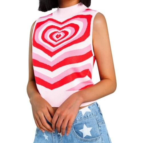 Women Tank Tops Y2k Knitted Knitwear Summer Ladies Heart Spiral Pattern Sleeveless Crop Top Club Streetwear Top Slim Base Shirt