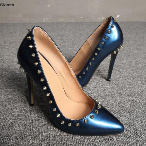 Olomm New Fashion Women Pumps Sexy Rivets Thin High Heels Pumps Charm Pointed Toe Gorgeous Blue Party Shoes Women US Size 5-15