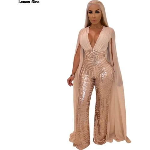Women new hot drilling sequined cloak long sleeve open back deep v-neck bodycon night party jumpsuits sexy club rompers M868
