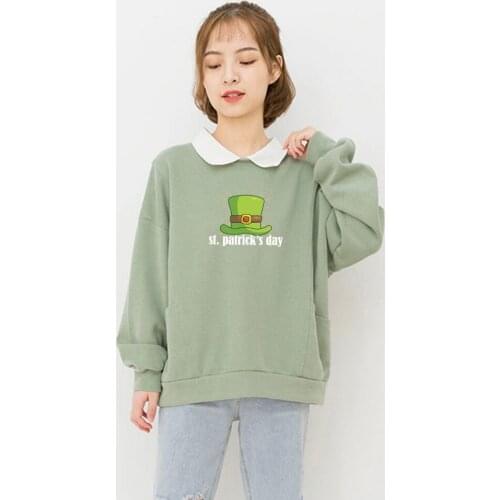 Pullover Sweatshirt with Collar Autumn Letter Print Hoodies Women St. Patricks Day Streetwear Women Tops Full Sleeve Sweatshirt