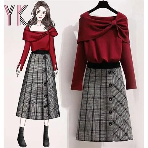 2 Piece Woolen Yarn Knitting Bowknot Slim Sweater + Plaid Single Breasted Elastic High Waist Midi Skirts Suits Elegant Women Set