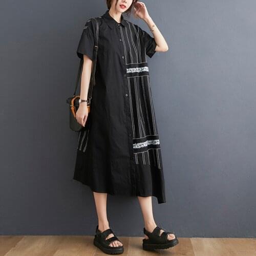 Japanese Style Dark Black Street Fashion Girls Chic Blouse Dress Patchwork Cotton striped Women Casual Loose Long Summer Dress