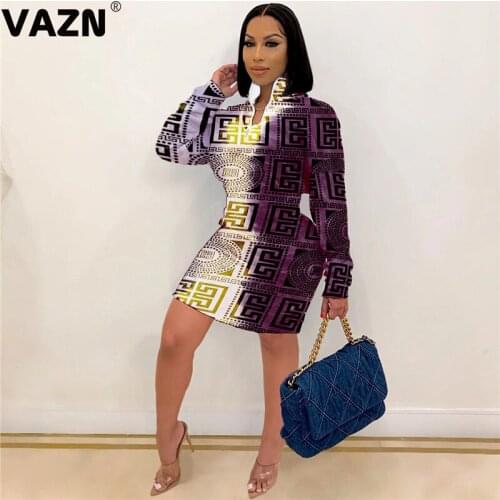 VAZN 2020 Autumn Plus Size Patchwork Young Daily Regular Overalls Sexy Soft Fashion Full Sleeve Women Thin High Waist Mini Dress