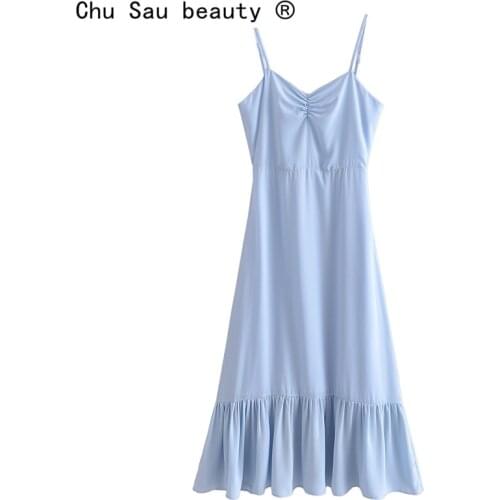 New Fashion Summer French Style Blue Chiffon Sling Midi Dress Women Party V-neck Elastic Back Sexy Sleeveless Dresses Female