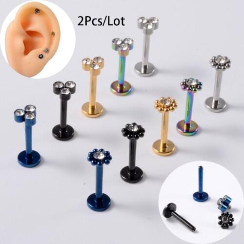 2Pcs 16G Cartilage Tragus Helix Daith Ear Piercing Earring women Cluster Flower Internally Thread Labret Lip Ring Lobe Jewelry