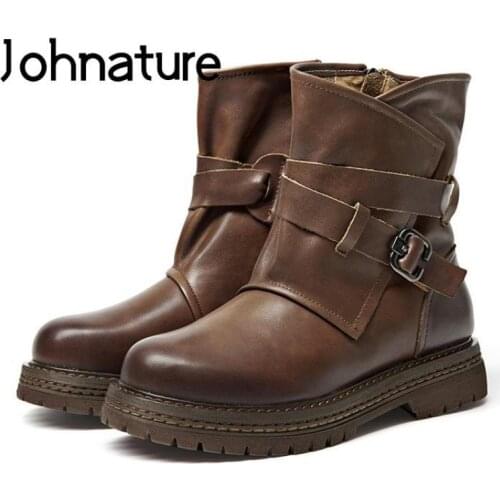 2021 Autumn/Winter New Martin Boots Genuine Leather Round Toe Buckle Strap Hoof Heels Casual Retro Zipper Ankle Women Shoes